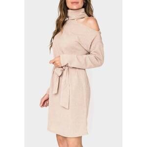 NEW GIBSONLOOK mock neck ribbed one shoulder cut out knit dress in beige